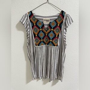 Savanna Jane White Striped Blouse with Multicolor Geometric Embroidery